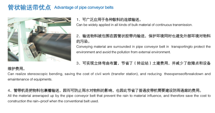 1. It can be widely used for continuous transportation of various bulk materials. 2. The conveyed materials are enclosed and conveyed in the round tubular tape, which protects the environment and avoids the pollution of the external environment to the materials. 3. The three-dimensional bending arrangement can be realized, saving (transportation station) civil construction costs, and reducing the failure points and equipment maintenance costs. 4. The pipe belt conveyor wraps the material and transports it, thus preventing the influence of rain on the material, and thus saving the cost of the ordinary belt conveyor required to build a rainproof corridor.